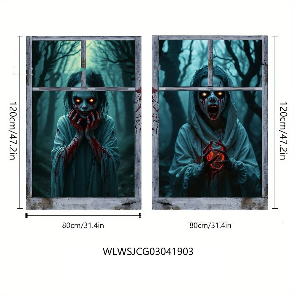 3D Holiday Halloween Horror Witch Window Cover Family Party Decoration Witch Zombie Ghosts Super Terrifying Photo Studio Backdrop Door Window Hanging Banner